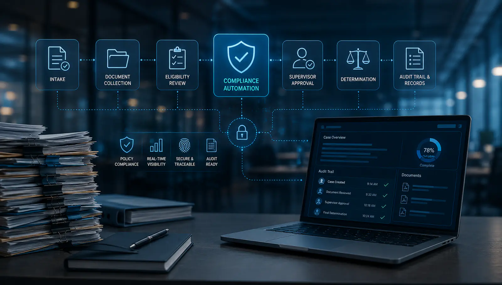 Audit-ready digital workflow connecting evidence, rules, and authorization
